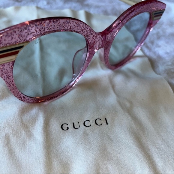GUCCI GG0282SA Sunglasses Round Frame Web Pink Glitter Light Azure Acetate new - Picture 14 of 15